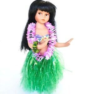 Hawaiian Hula‎ Dancing Girl Doll Porcelain Milestone Vintage Lei Eyelashes 1443